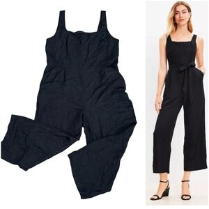 LOFT Black Scalloped Linen Blend Jumpsuit 16 Square Neck Wide Leg Classic Resort